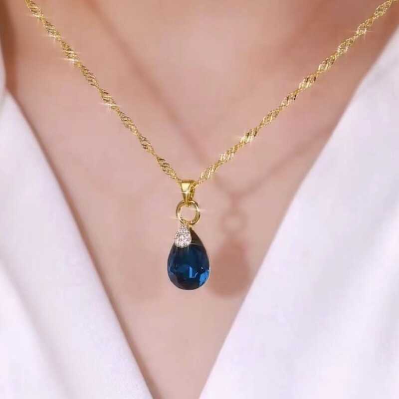 蓝色水晶水滴项链女2024新款爆款气质百搭颈链小众设计网红锁骨链
