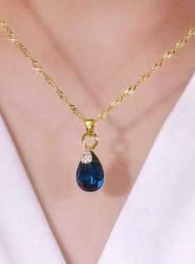 蓝色水晶水滴项链女小众设计