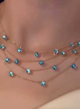 精致多层叠戴多彩锆石女锁骨链