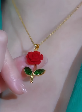 红色玫瑰花吊坠高级感锁骨链