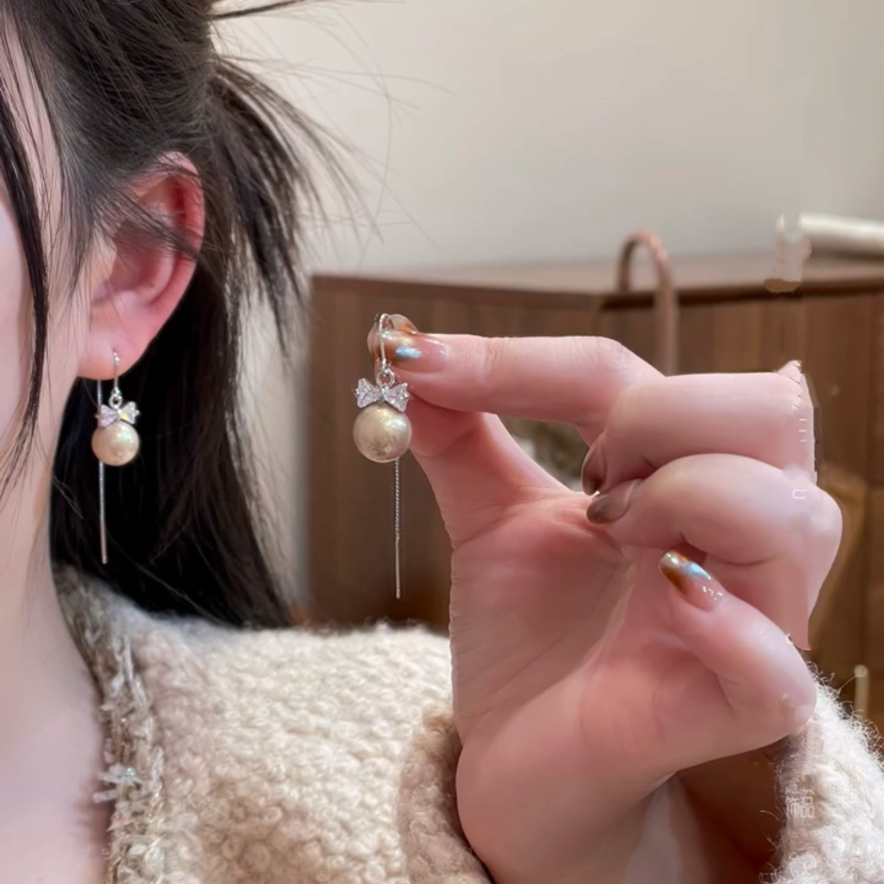 时尚轻奢锆石蝴蝶结珍珠流苏耳线女高级感气质耳钉百搭显脸瘦耳饰