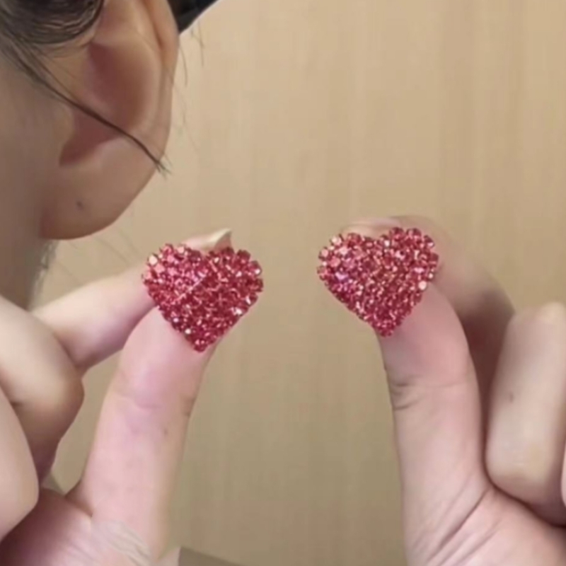 时尚简约紫红色水晶爱心耳钉女