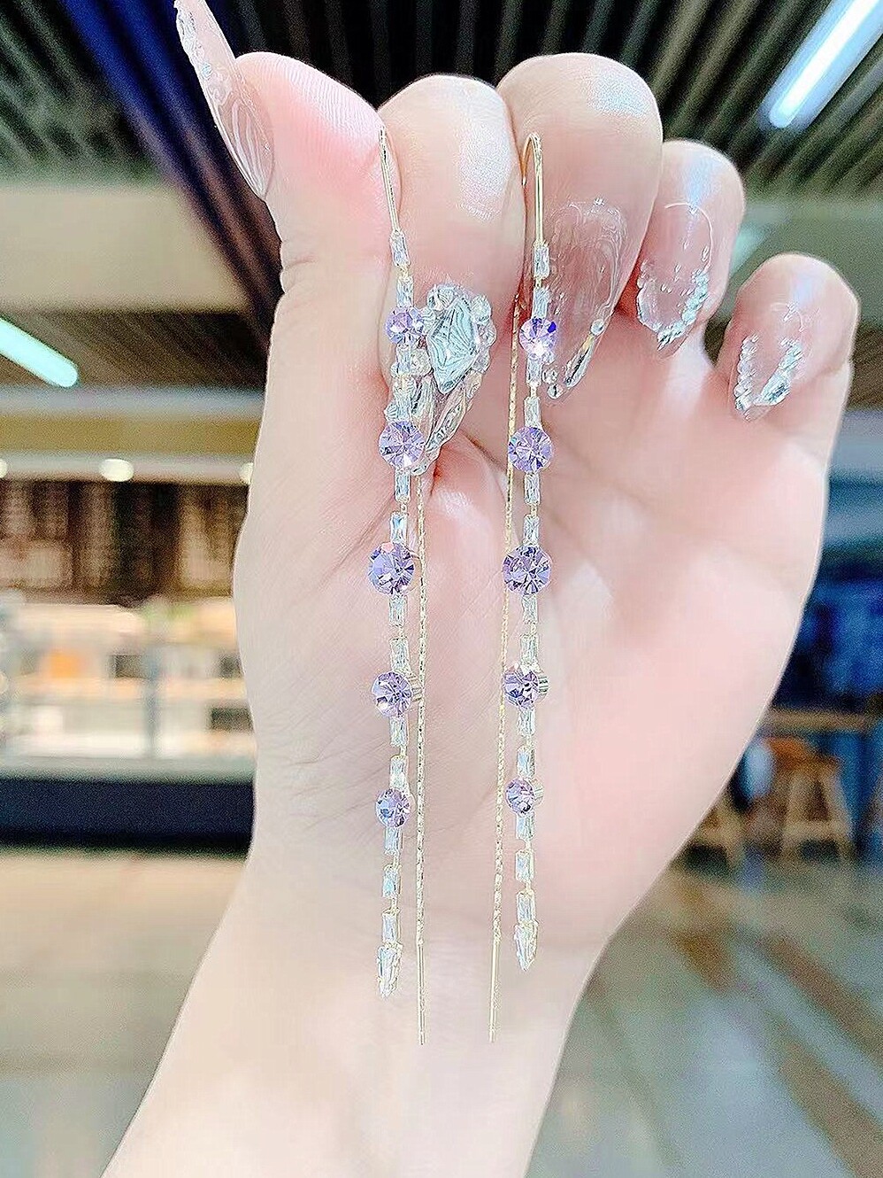 韩国气质显瘦脸长款超闪紫色水晶