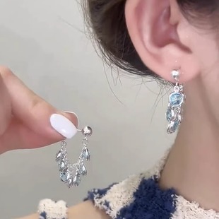 韩版蓝色水晶吊坠前后戴耳钉2025新款高级感耳环轻奢气质大气耳饰