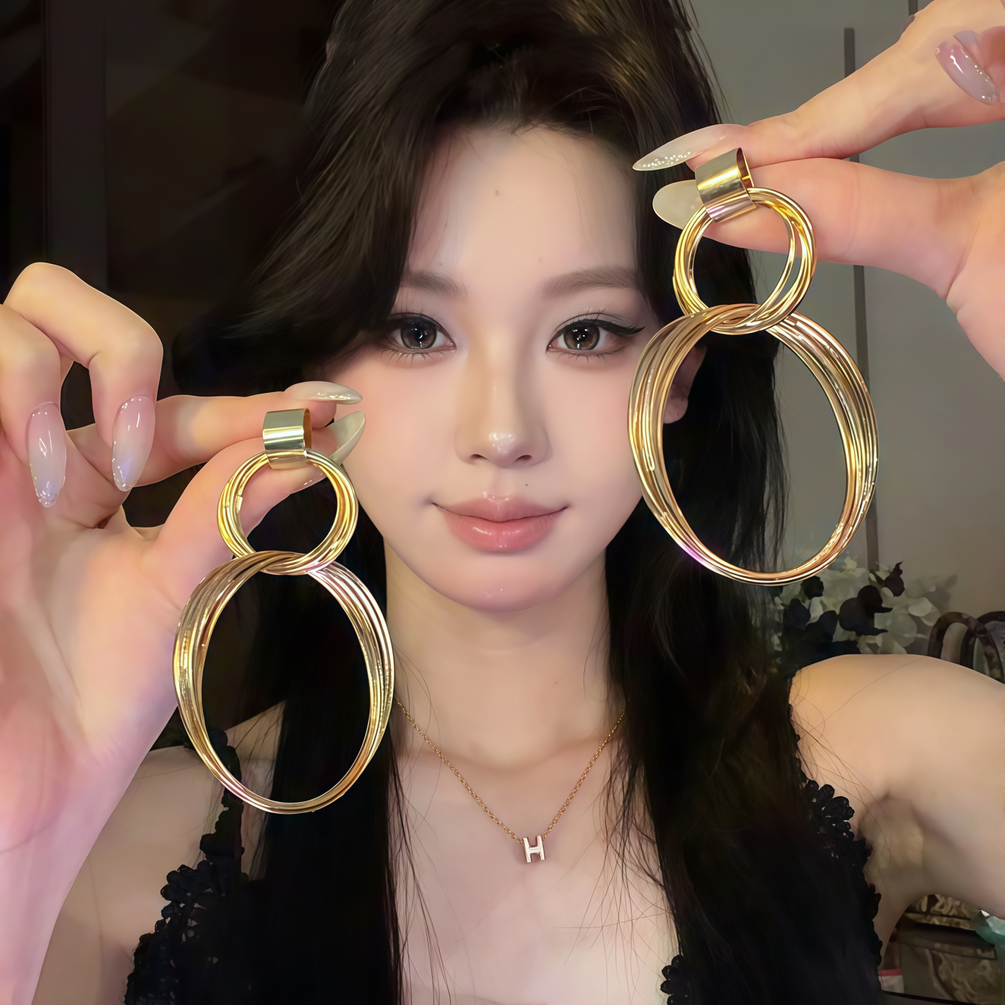 欧美夸张重工金色双层圆环耳环