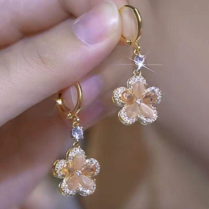 轻奢金色锆石花朵耳环女