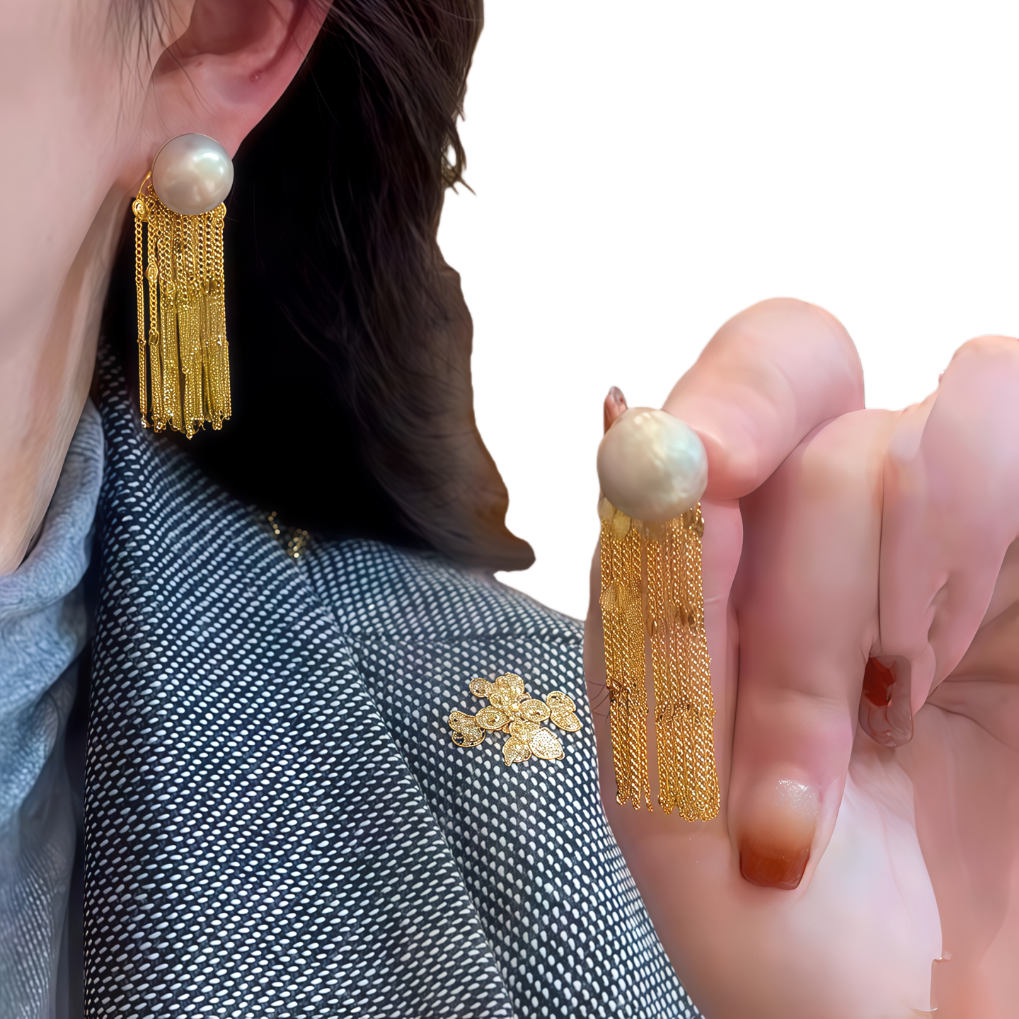 轻奢金色珍珠链条流苏显脸瘦耳环