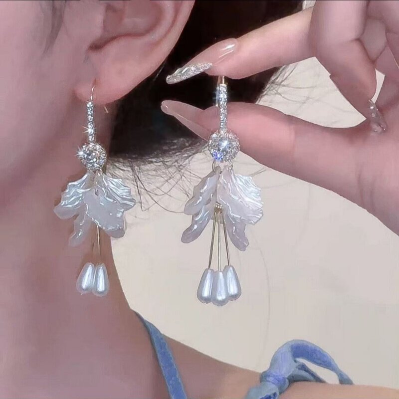 超仙锆石长款花朵珍珠流苏耳环女