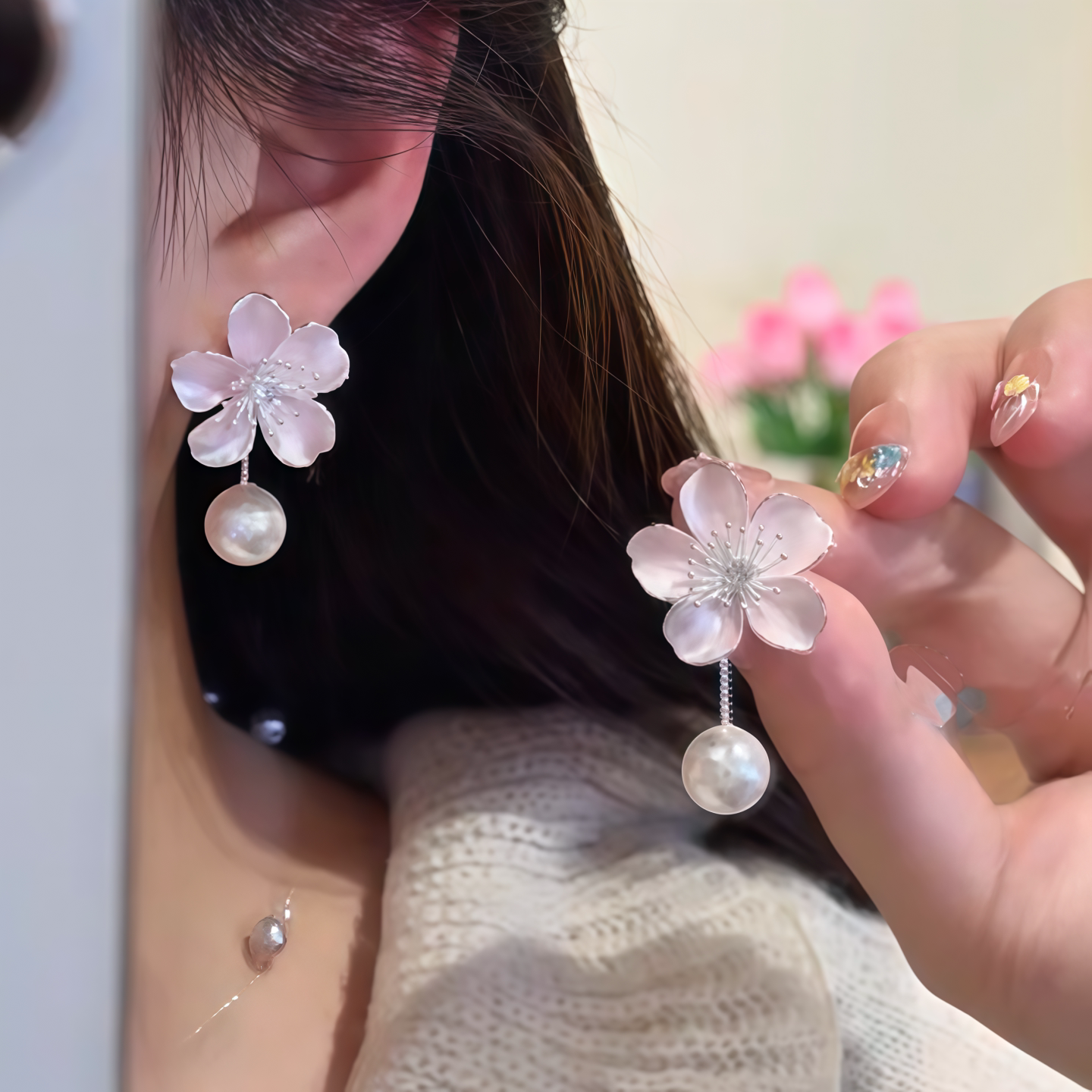 轻奢樱花珍珠前后两戴耳钉