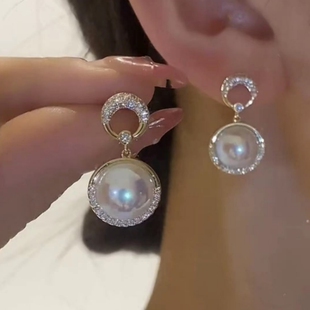 轻奢高级感复古高端气质名媛珍珠贝珠耳环纯银针新款时尚镶钻耳钉
