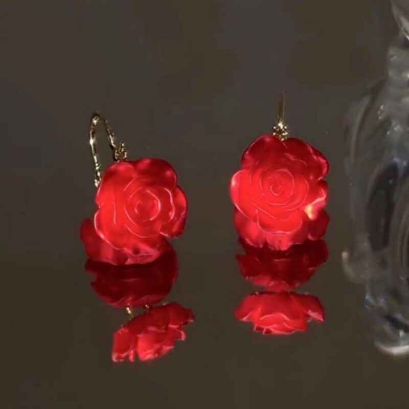 简约红色玫瑰花耳环女新娘耳钉