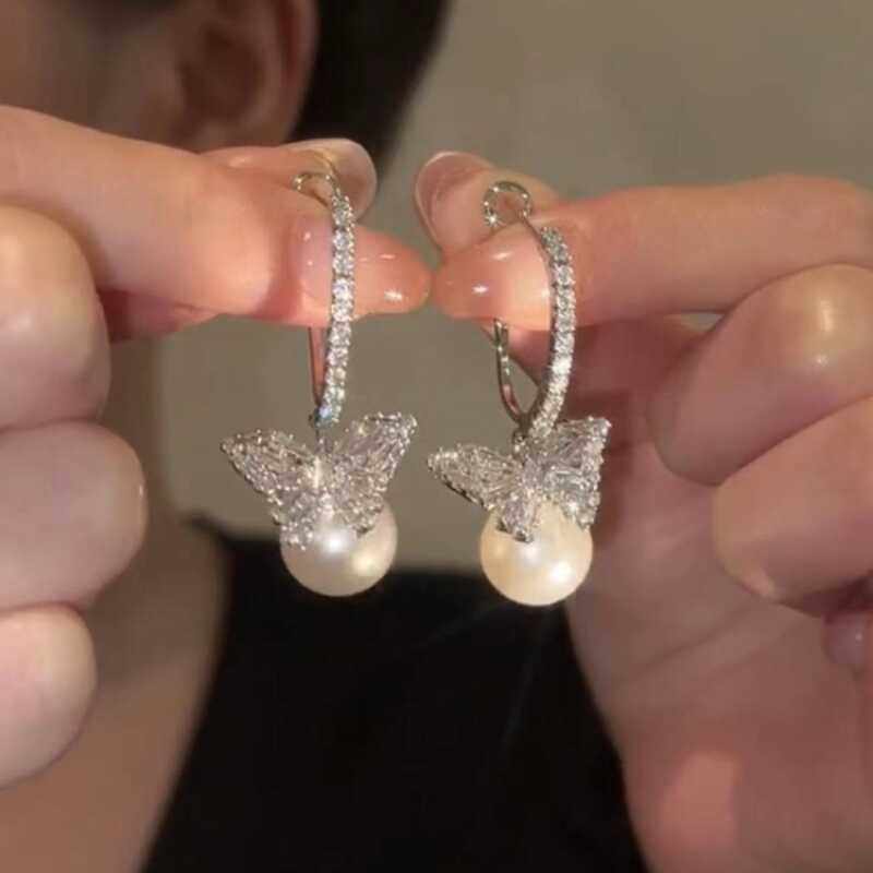 微镶锆石蝴蝶结珍珠耳环女