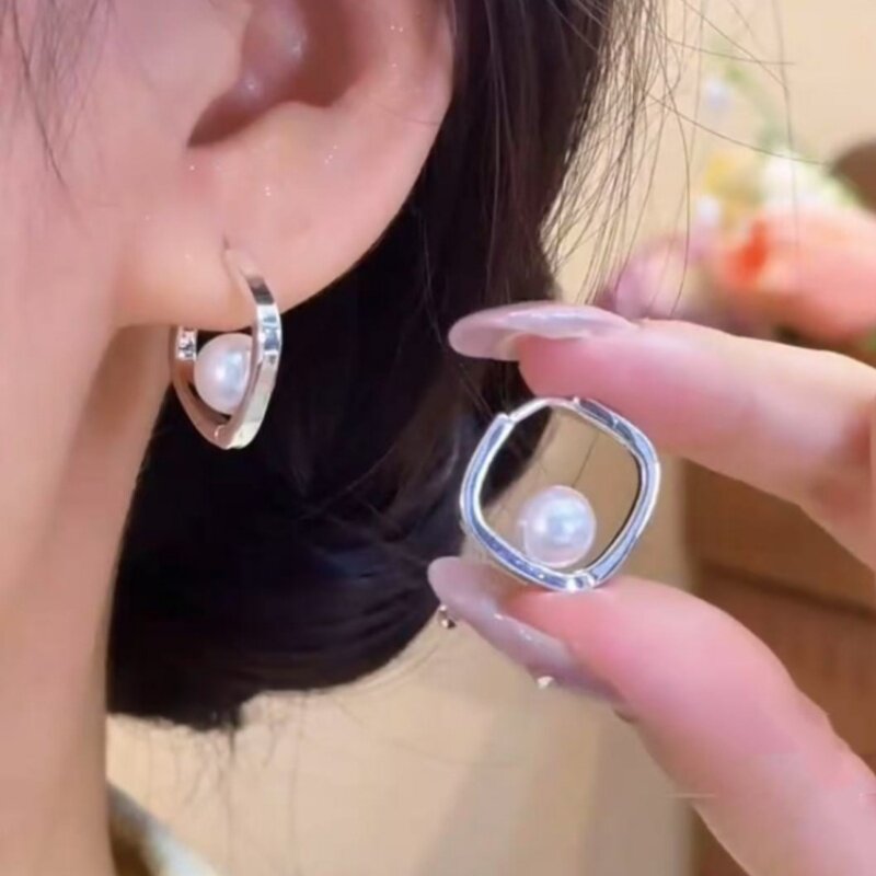 s925银针几何方形珍珠耳环女