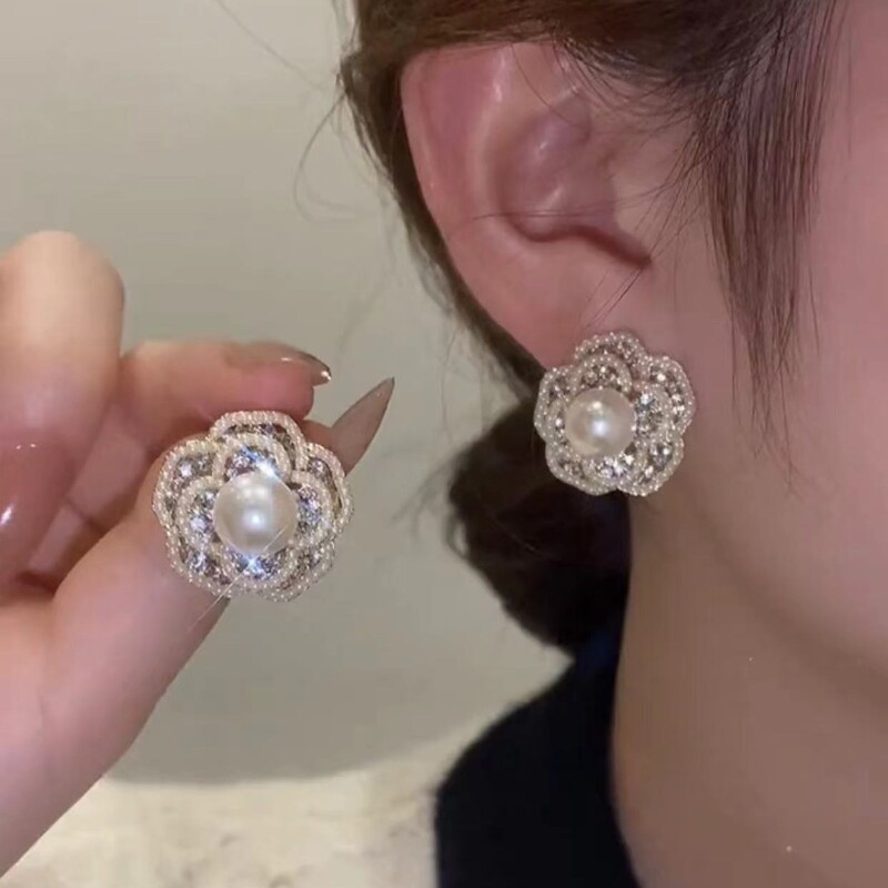 超仙气质锆石珍珠花朵耳钉百搭