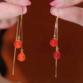 红色猫眼石流苏防丢耳线女新款 时尚 耳饰简约气质高级感本命年耳环