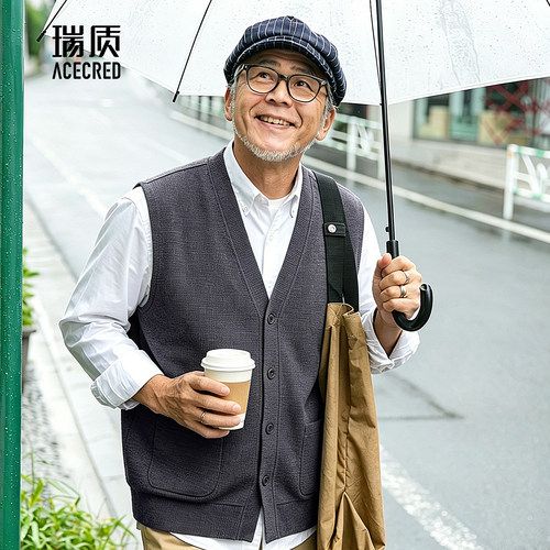 爸爸宽松华夫格针织马甲