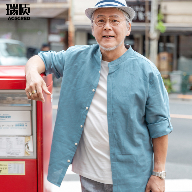 长袖衬衫爸爸男装棉麻老人爷爷