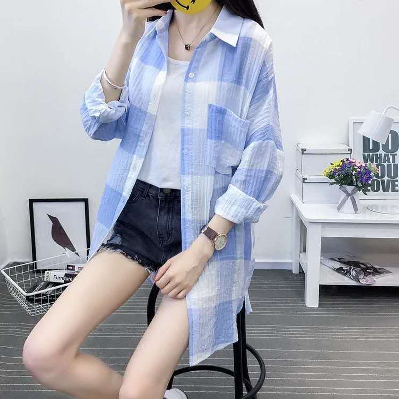 夏季新款格子防晒衬衫衣女设计感小众时尚中长款宽松薄款外套衬衣