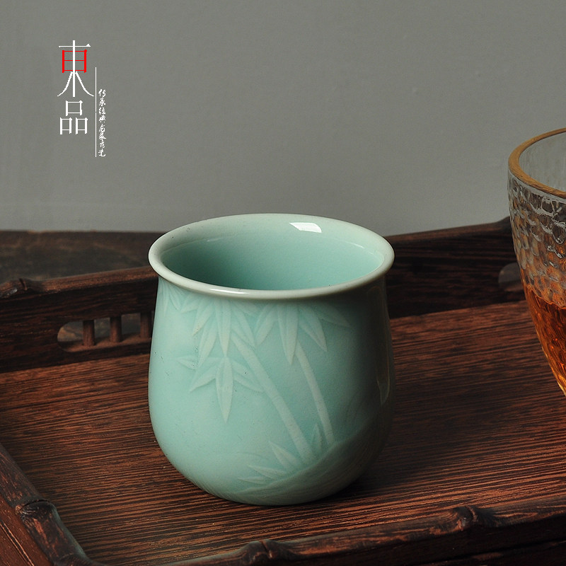 龙泉青瓷雷慧仙手工杯功夫茶具主人杯刻花托烧品茗杯闻香杯喝茶杯
