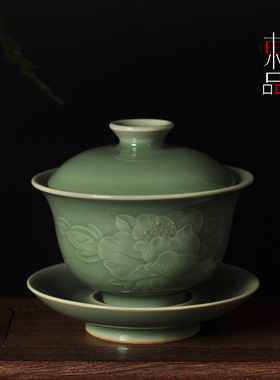刘爱芬青瓷手工牡丹富贵盖碗刻花泡茶碗陶瓷功夫茶道茶器敬茶碗
