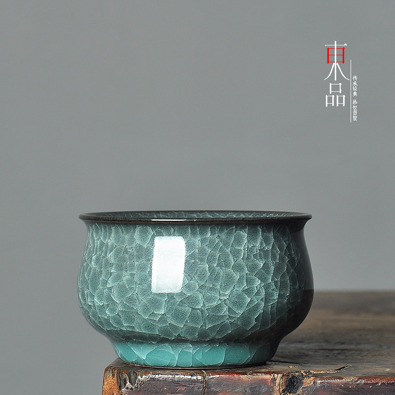 哥窑青瓷冰裂主人杯铁胎翻口茶碗