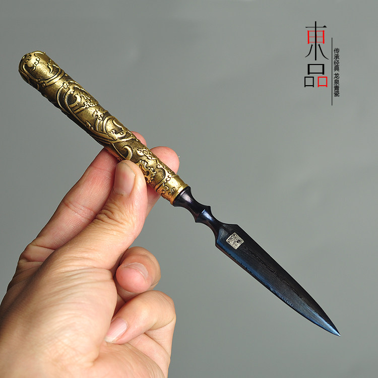 江龙全手工锻造黄铜普洱茶刀 黑茶开茶锥茶针 百炼花纹钢茶道零配