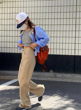 韩国m*dest mood宽松拼接撞色翻领蓝色条纹长袖短款衬衫上衣棉女