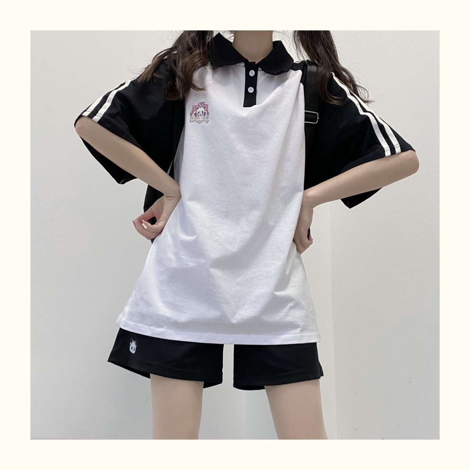 学院风可爱少女休闲运动服套装女夏季学生韩版宽松短袖短裤两件套