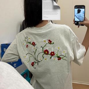 嘻哈宽松半袖 美式 新款 国潮牌植物花卉刺绣纯棉短袖 上衣 t恤女夏季