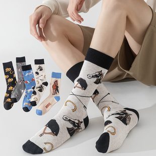 卡通马匹中筒袜男女ins潮大码复古撞色休闲棉袜情侣趣味个性袜子