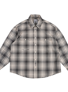 Resalibert 日产超长绒棉黑白格纹衬衫泥浸染色破坏长袖衬衫