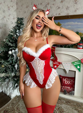 5178诱惑文胸套装圣诞节性感纯欲连体衣透视内衣大红色新年款式美