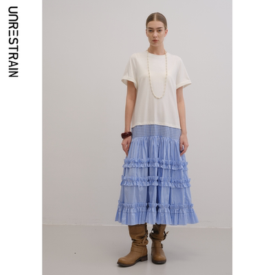 UNR新款格纹花边拼接宽松连衣裙