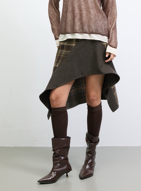 UNRESTRAIN「UNR」苏格兰谜语 毛呢格纹拼接不规则下摆半裙女