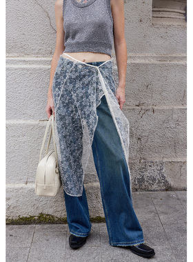 【UNRESTRAIN】UNR设计师品牌珍珠亮片白色蕾丝屁帘半身裙