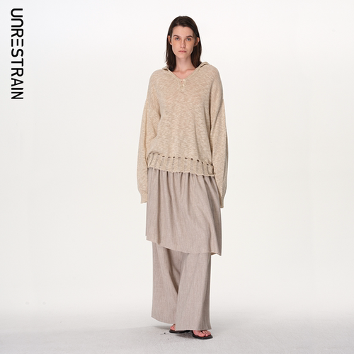 UNRESTRAIN「UNR」轻软呼吸 连帽套头镂空针织衫毛衣上衣女