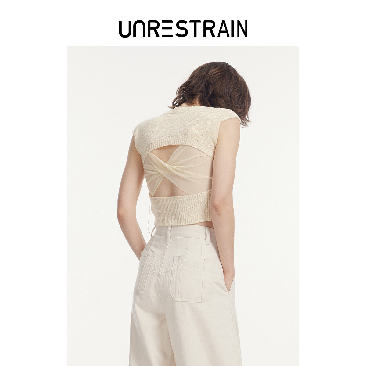【UNRESTRAIN】UNR设计师品牌时尚小众气质修身短袖露背毛衫T恤
