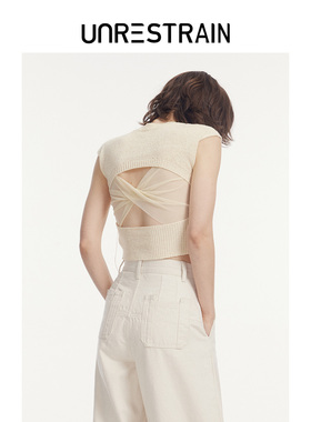 【UNRESTRAIN】UNR设计师品牌时尚小众气质修身短袖露背毛衫T恤