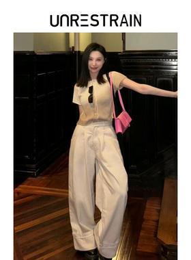 【UNRESTRAIN】UNR设计师品牌渐变短袖圆领毛衣侘寂风短开衫女