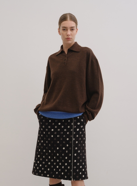 UNRESTRAIN「UNR」色块交界线 新款复古撞色翻领宽松针织衫女上衣