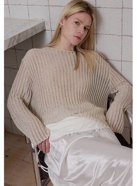 【UNRESTRAIN】UNR设计师品牌镂空微透长袖针织衫圆领罩衫上衣女