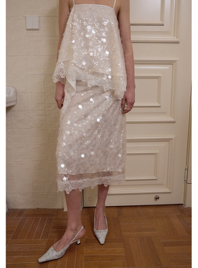 【UNRESTRAIN】UNR2025春夏新款亮片拼接蕾丝半裙女显瘦中长款