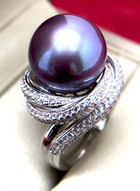 大颗粒14-15mm天然淡水珍珠戒指 正圆爱迪生妖紫色深紫纯银强光女