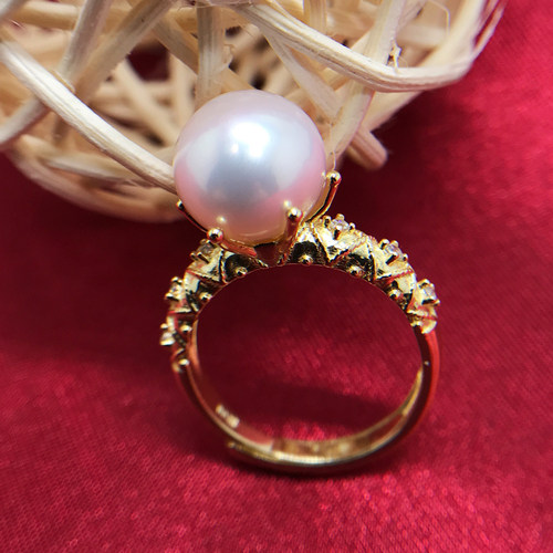 点醉10.5-11mm正圆无暇强光大颗白色淡水珍珠戒指S925银金正品女