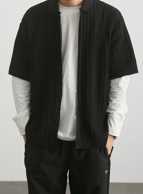 轻奢极简风黑色针织开衫男短袖肌理感高级感宽松毛衣