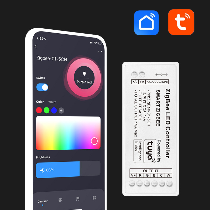 Tuya涂鸦智能ZigBee灯带驱动12-24V无极调光RGBCW双色控制器