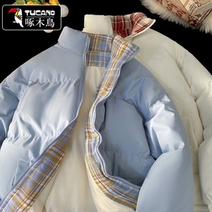立领宽松休闲棉衣加厚保暖格子外套 晋江棉服美式 啄木鸟冬季 情侣款