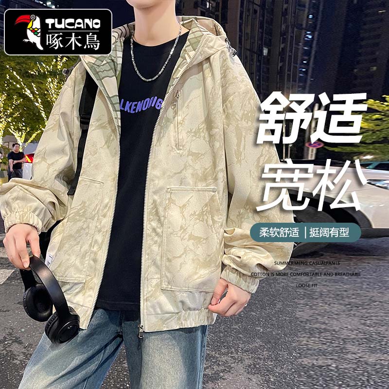 啄木鸟秋冬季新款美式潮流涂鸦花纹连帽夹克宽松休闲百搭外套男款