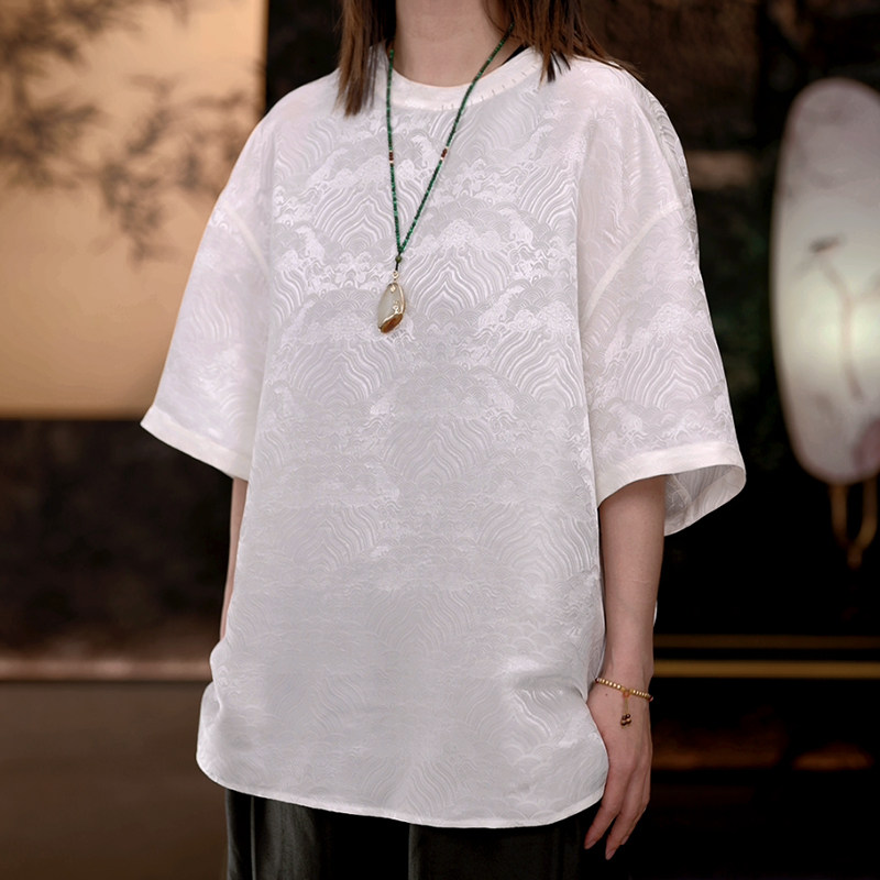 【再易】2025新款白色碧海潮生男士桑蚕丝短袖体恤上衣ZY0197S,男装,其他民族服装,淘宝优惠券,粉丝福利购,淘宝优惠卷