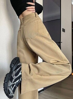 2026年春秋新款卡其色色牛仔裤高腰宽松休闲裤长裤百直筒裤阔腿裤